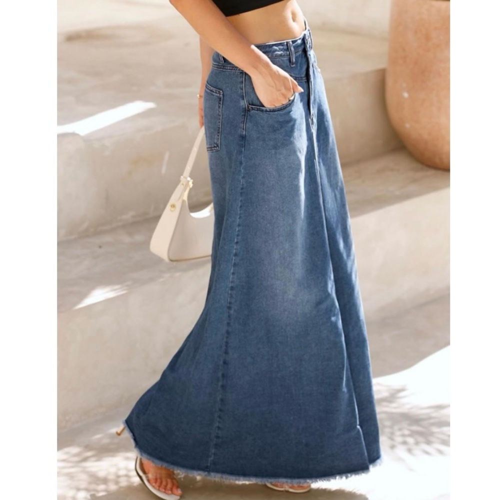 🎉New Boho Dark Blue Frayed Hem Jean Denim Pockets Maxi Skirt